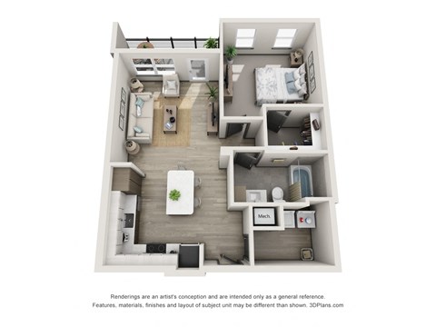 Floor plan for 1 bed, 1 bath, 745 sqft